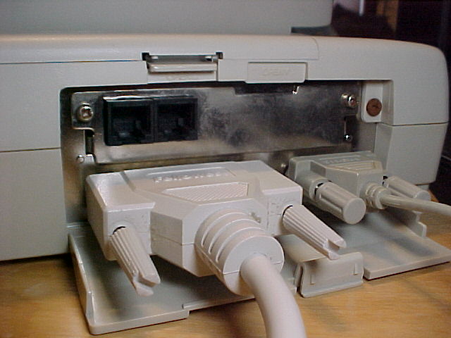 Tandy 1100 FD back - modem, parallel, serial