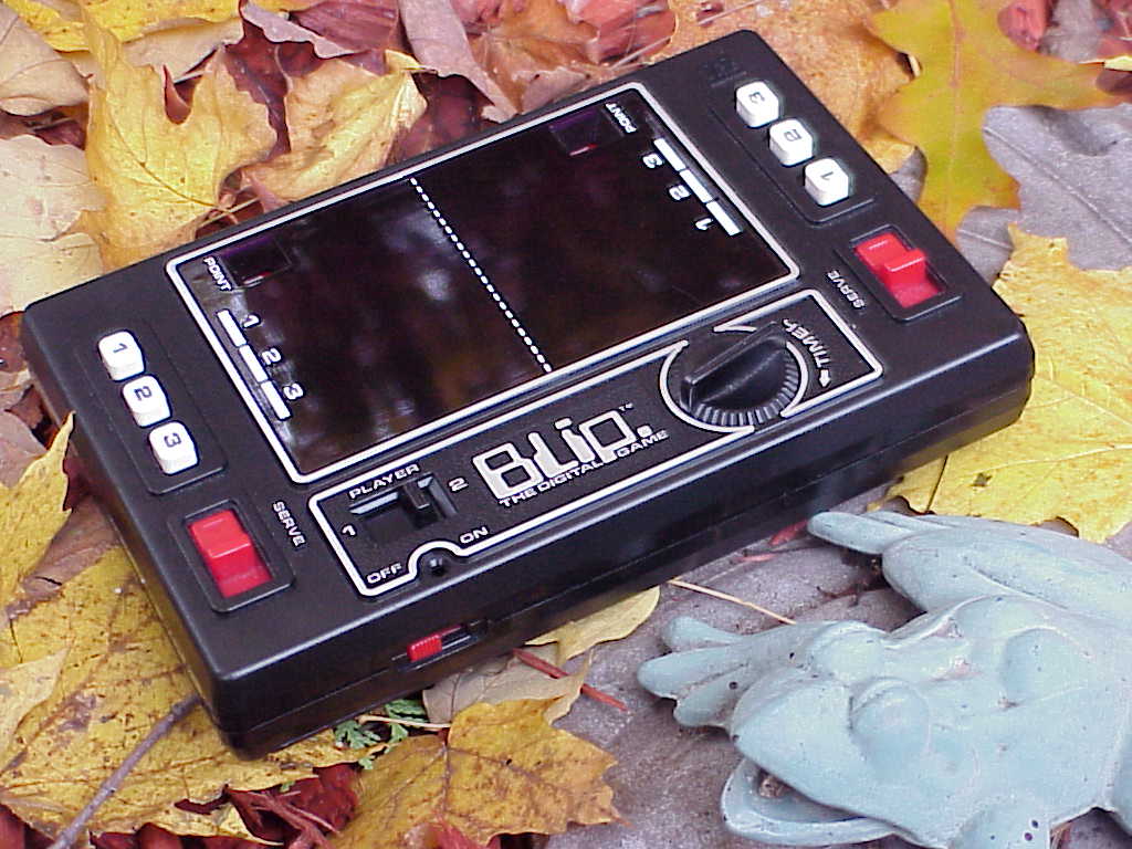 Blip pong game in the leaves with frog statue