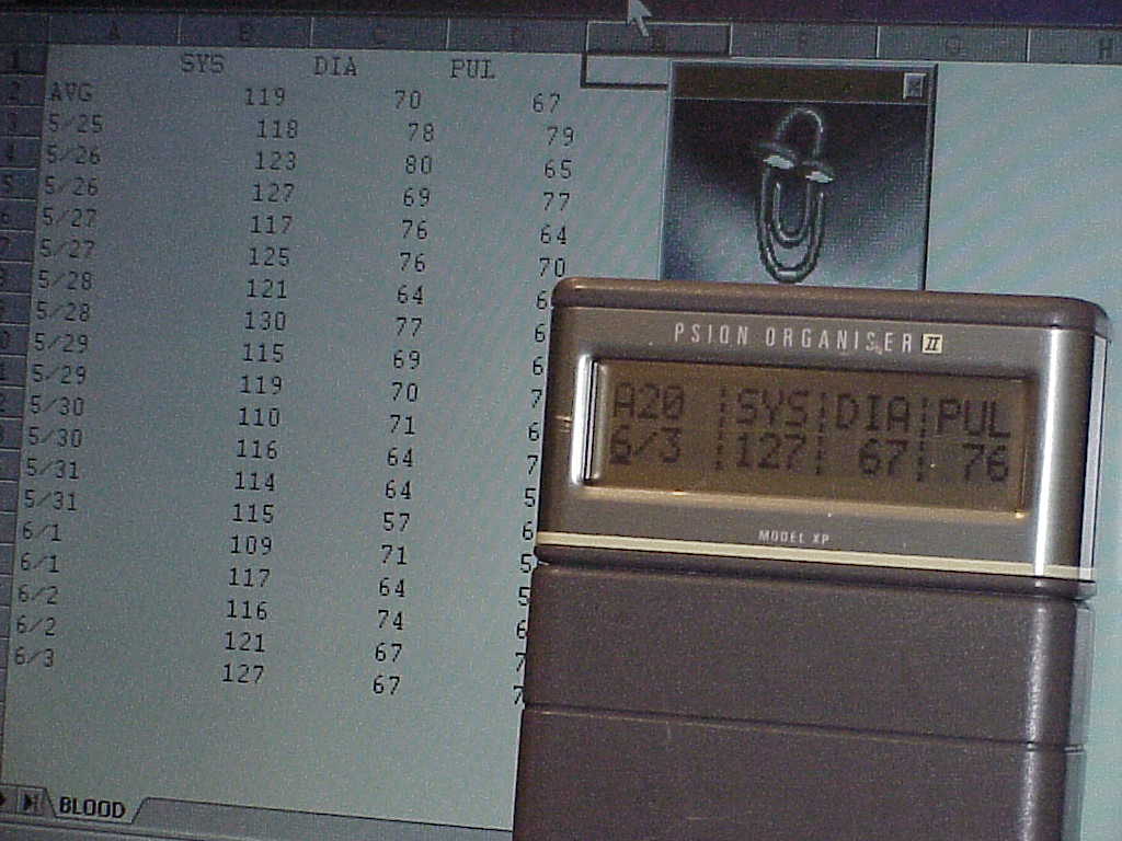 Psion Organiser spreadsheet - Blood pressure and pulse