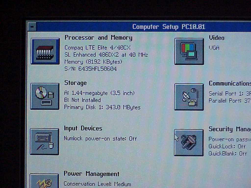 Compaq LTE Elite 4/40CX Laptop setup screen with specs