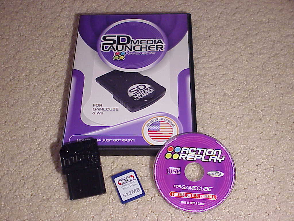 Gamecube SD Media launcher, Action Replay disc, and SD Card adapter