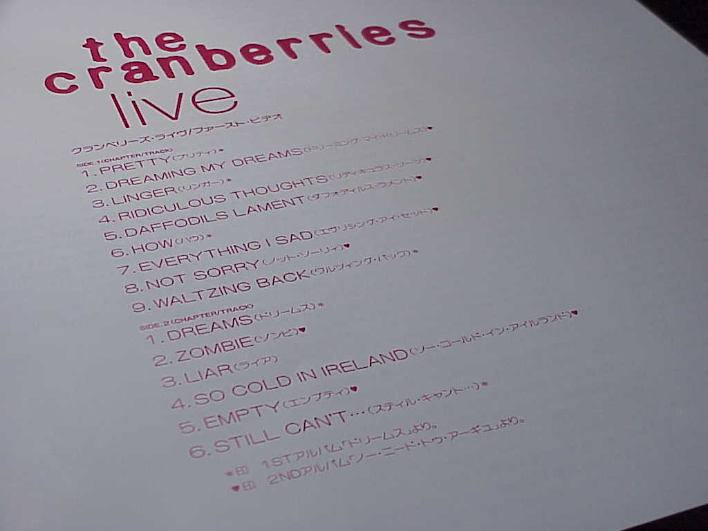 The Cranberries Live Laserdisc tracklist