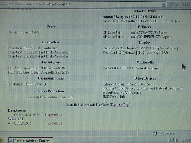 Toshiba Satellite 225CDS Laptop Belarc Advisor screenshot