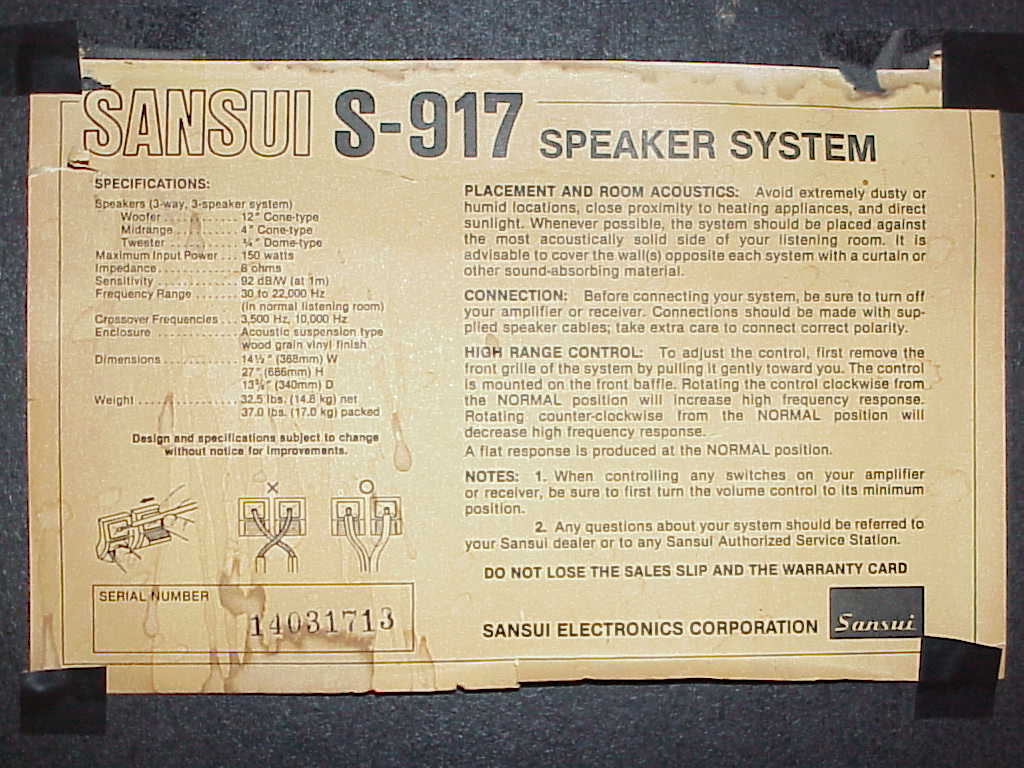 Sansui S-917 Speaker specs