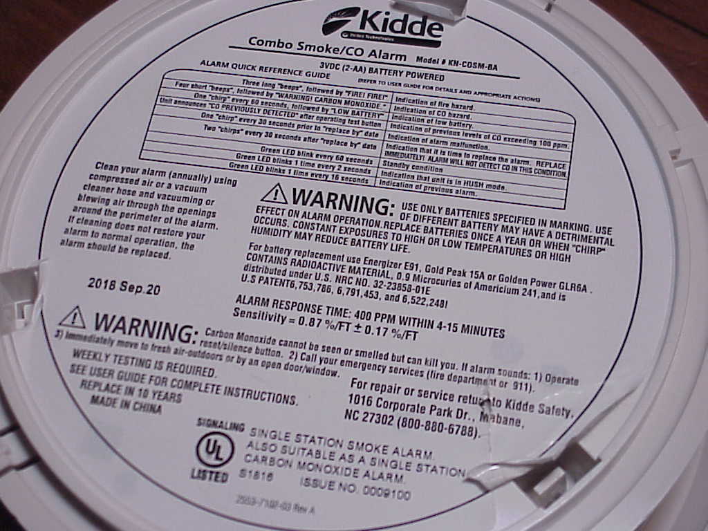 Kidde Smoke and CO Detector back