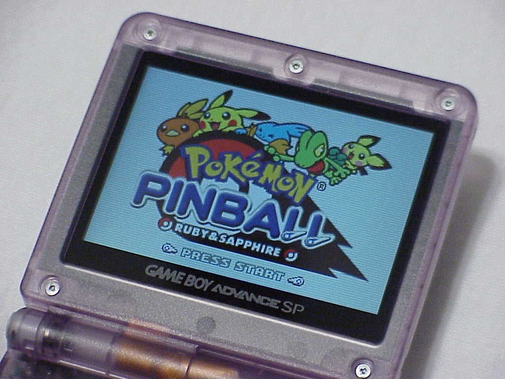 Game Boy Advance SP screen on with Pokemon Pinball